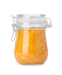 Jar of apricot jam isolated on white