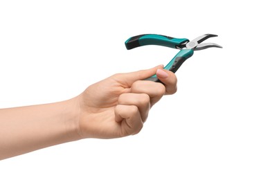 Photo of Woman with bent nose pliers on white background, closeup