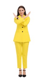 Photo of Beautiful businesswoman in yellow suit on white background