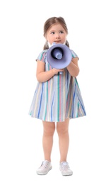 Photo of Adorable little girl with megaphone on white background