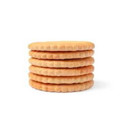 Photo of Tasty crispy round crackers isolated on white