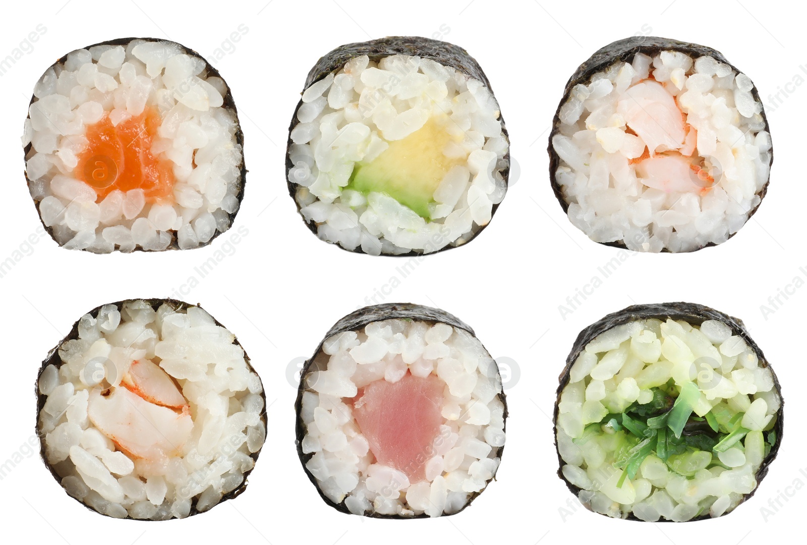 Image of Set of delicious different sushi rolls on white background