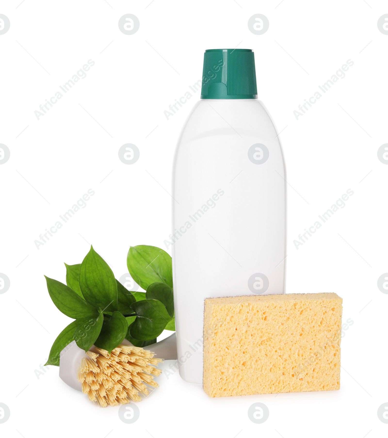 Photo of Bottle of cleaning product, brush, sponge and green leaves isolated on white