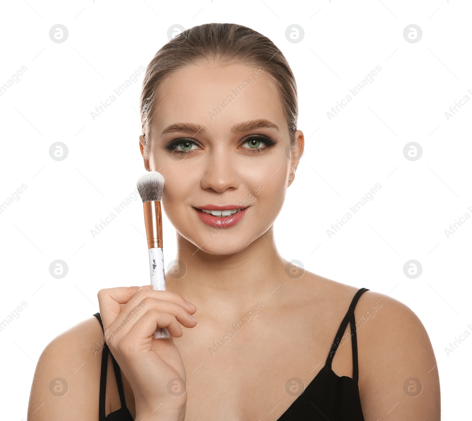 Photo of Beautiful woman with makeup brush on white background