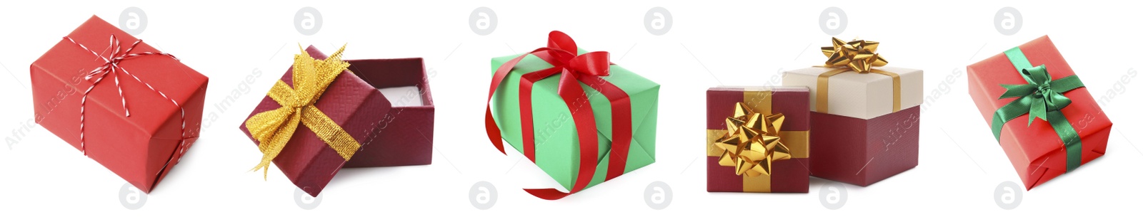 Image of Set of Christmas gift boxes on white background. Banner design