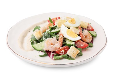 Plate of delicious Caesar salad with shrimps isolated on white