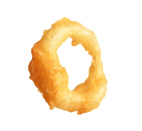 Photo of Delicious golden breaded and deep fried crispy onion ring on white background