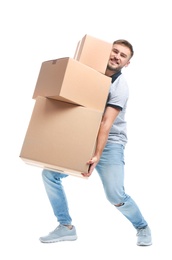 Full length portrait of young man lifting carton boxes on white background. Posture concept