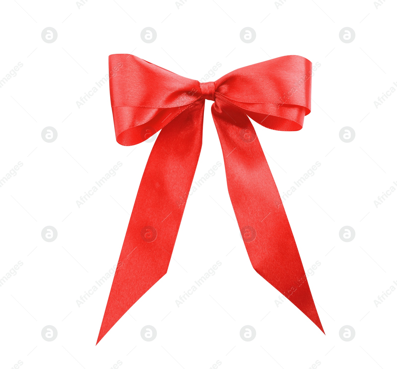 Photo of Beautiful red ribbon tied in bow isolated on white, top view