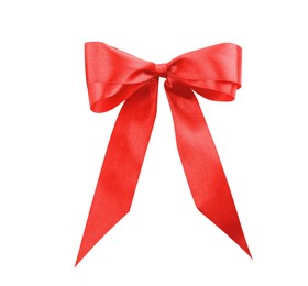 Beautiful red ribbon tied in bow isolated on white, top view