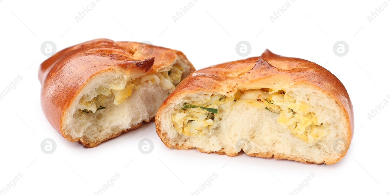 Photo of Delicious baked patty with egg on white background