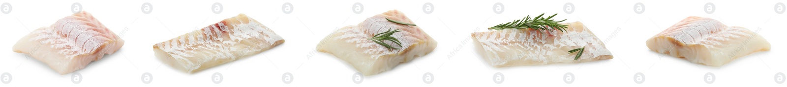 Image of Pieces of raw cod fish isolated on white, set