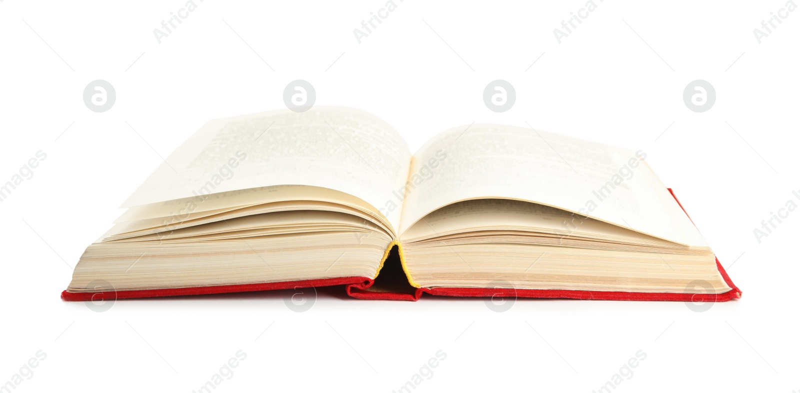 Photo of Open book with hard cover isolated on white