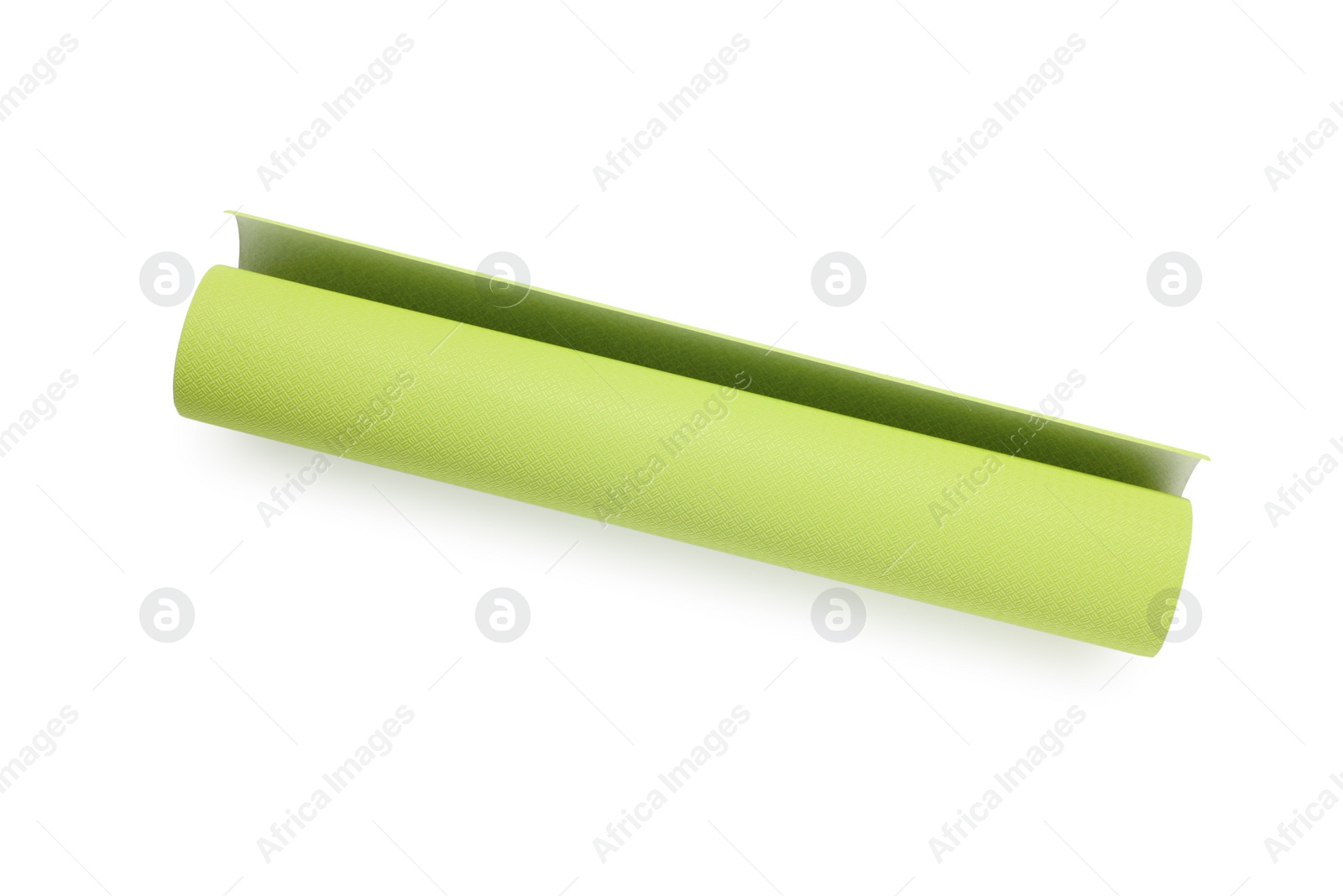 Photo of One green wallpaper roll isolated on white, top view