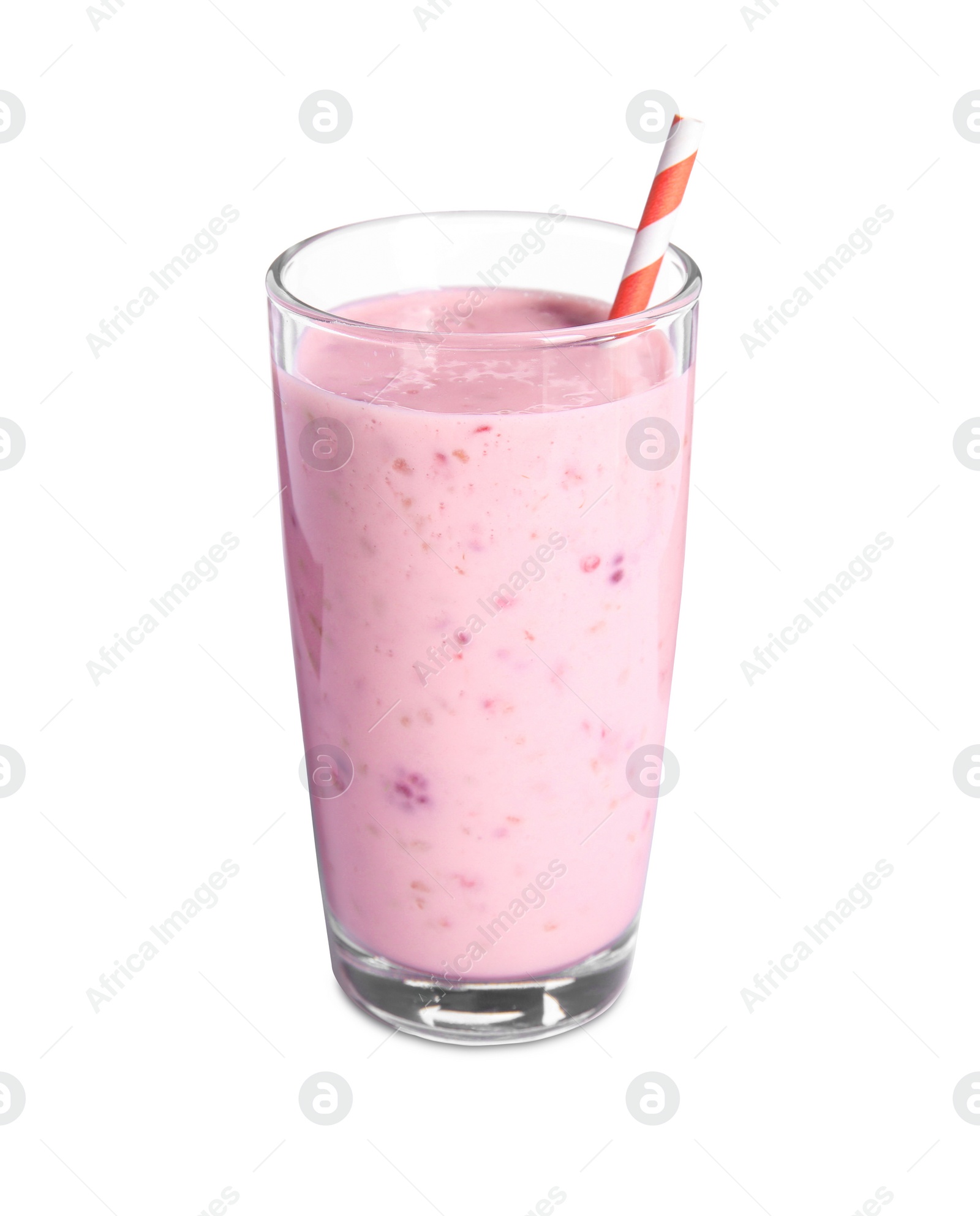 Photo of Tasty raspberry smoothie in glass isolated on white