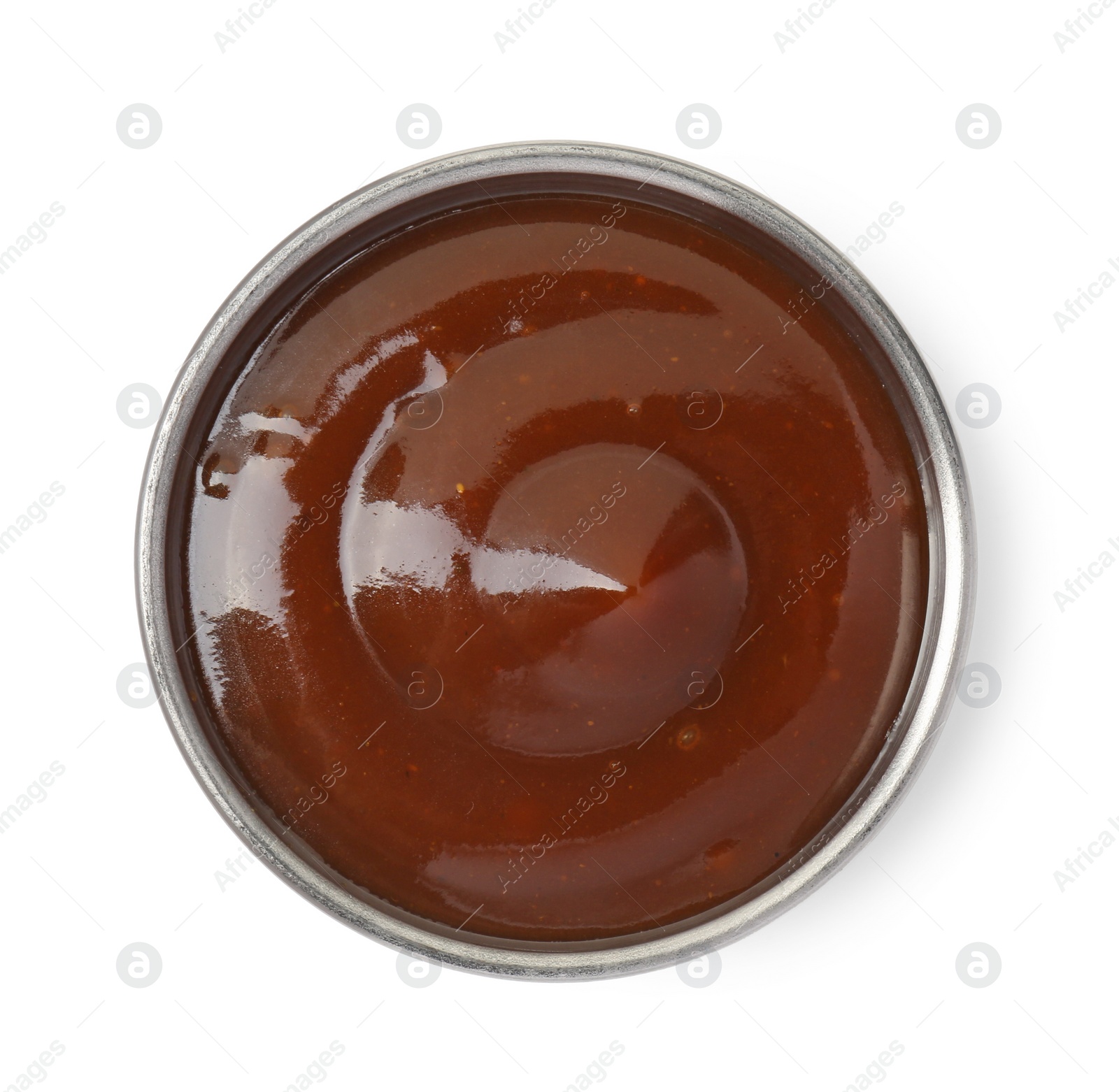 Photo of Tasty barbecue sauce in bowl isolated on white, top view