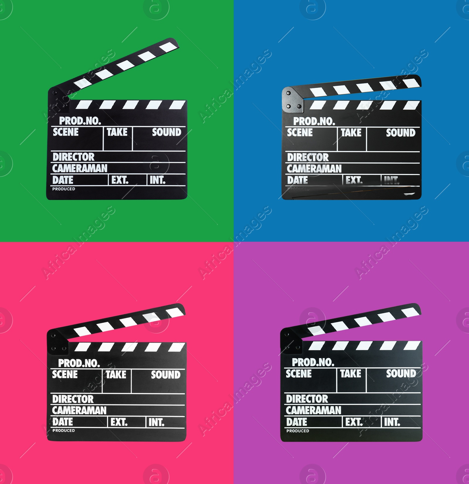 Image of Set with clapperboards on different color backgrounds