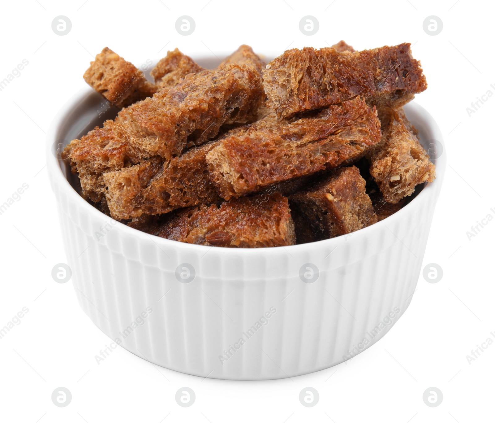 Photo of Bowl of crispy rusks isolated on white