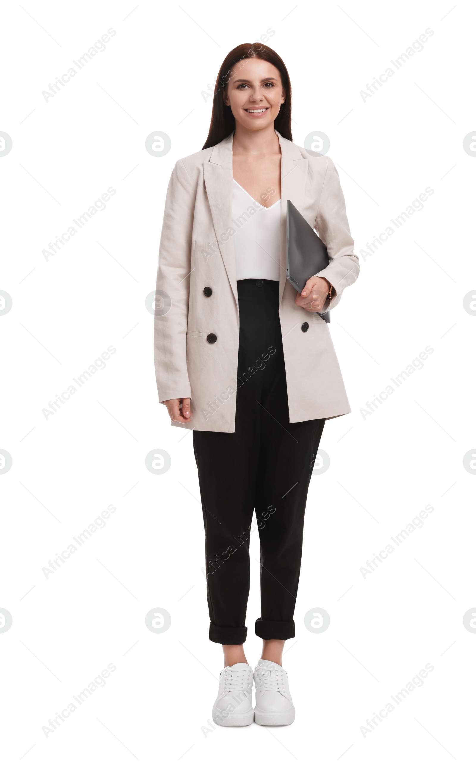 Photo of Beautiful businesswoman in suit with laptop on white background