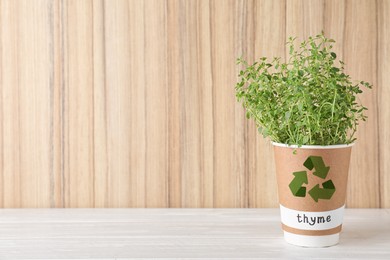 Image of Seedling of fresh thyme in paper cup with recycling symbol on white table near wooden wall. Space for text