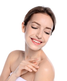 Photo of Portrait of young woman with perfect smooth skin on white background. Beauty and body care