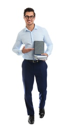 Photo of Young male teacher with glasses and books on white background