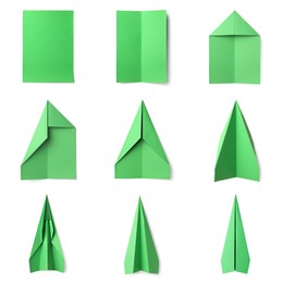 Image of How to make paper plane: step by step instruction. Collage with photos of folded green paper sheets on white background, top view
