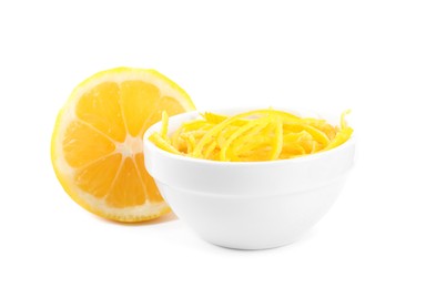 Grated lemon zest and fresh fruit on white background