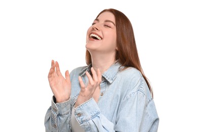 Portrait of beautiful woman laughing on white background