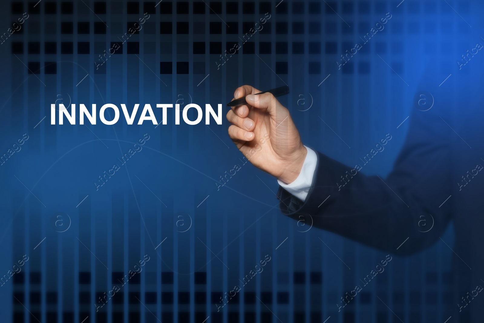Image of Man touching word Innovation on digital screen against blue background, closeup