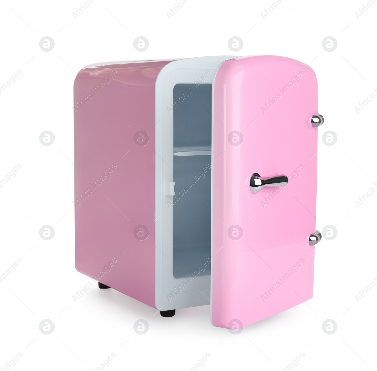 Photo of Open pink cosmetics refrigerator isolated on white