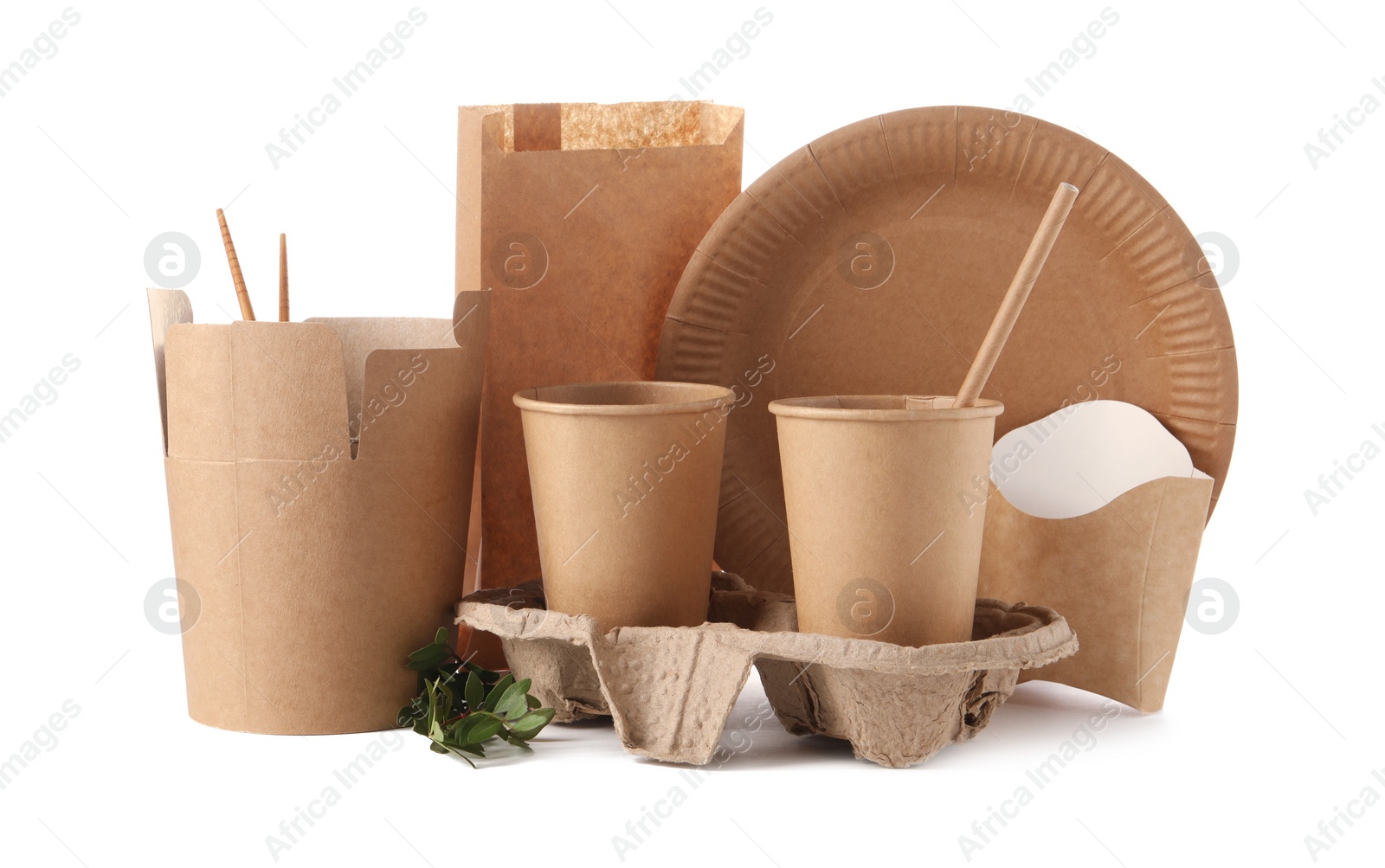 Photo of Eco friendly food packagings, tableware, paper bag and twig isolated on white