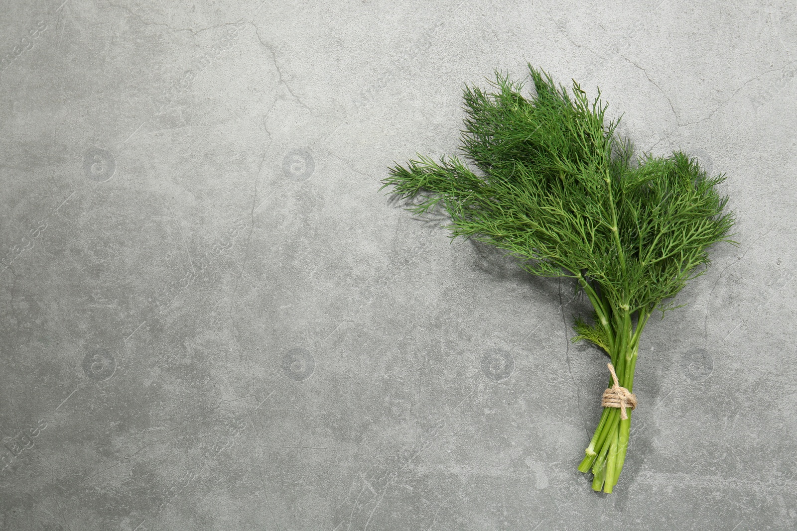 Photo of Bunch of fresh dill on light grey table, top view. Space for text