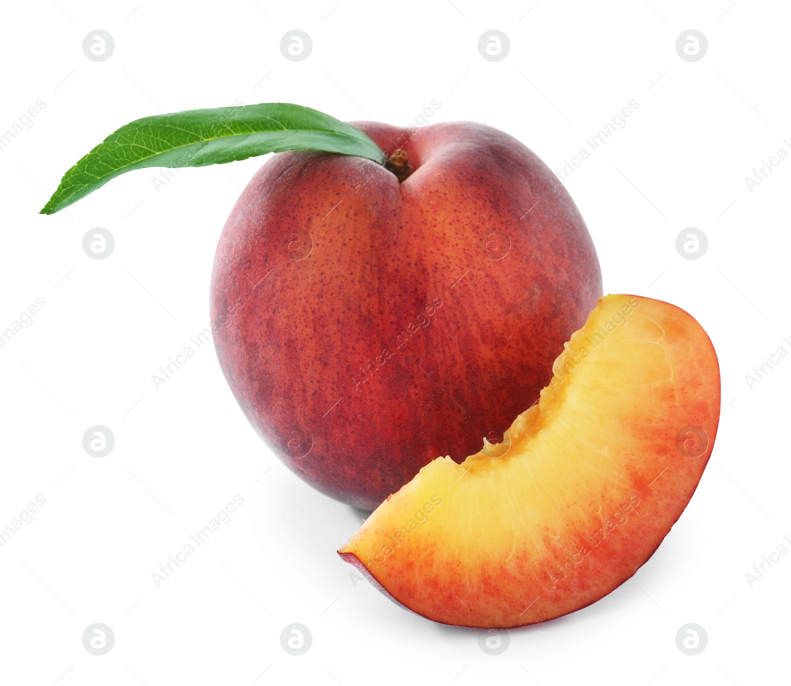 Photo of Sweet juicy peaches with leaf on white background