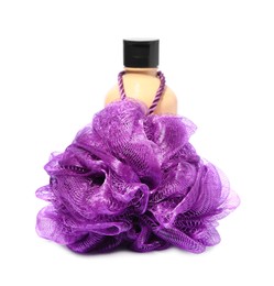 Photo of New purple shower puff and bottle of cosmetic product on white background