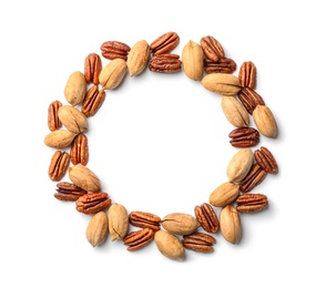 Photo of Composition of pecan nuts on white background, top view with space for text