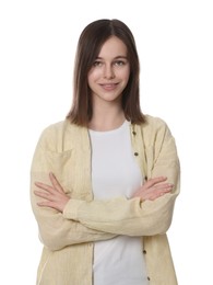 Portrait of smiling teenage girl on white background