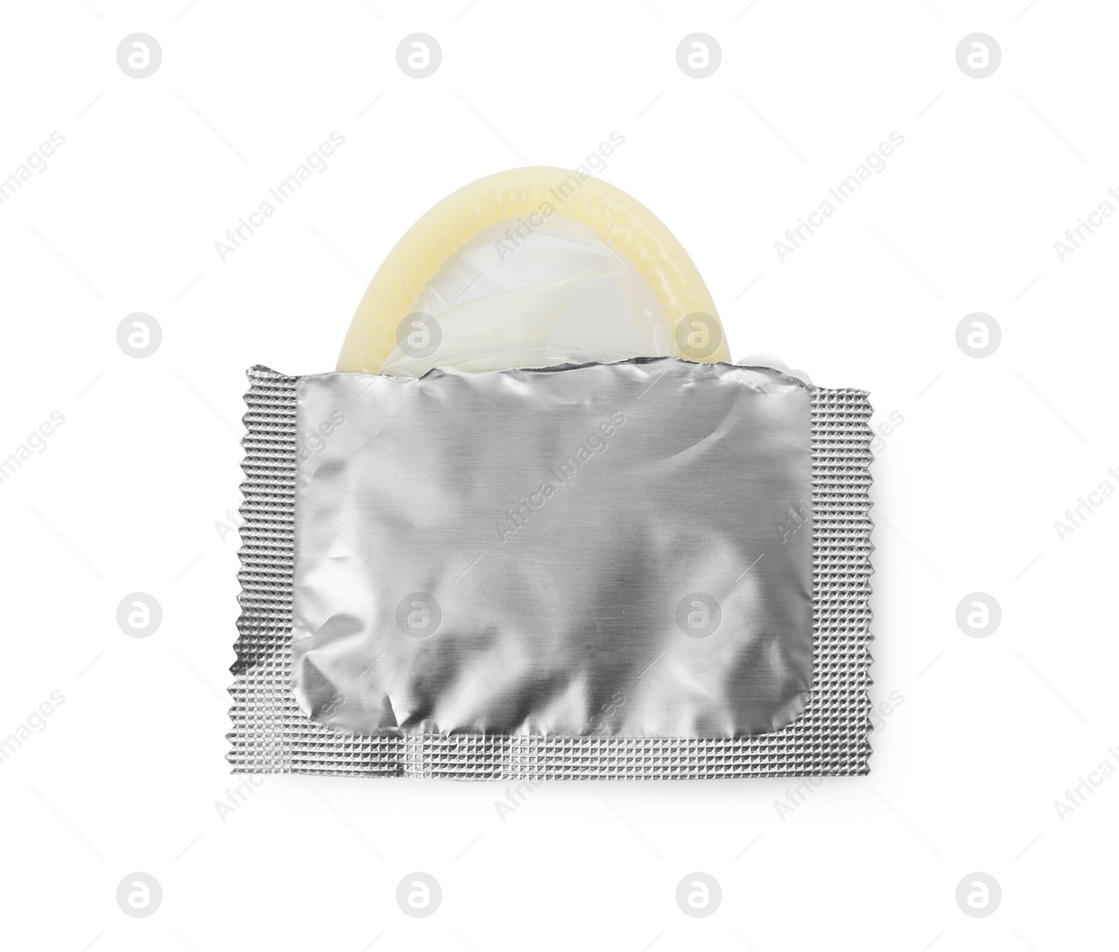 Photo of Torn package with condom isolated on white, top view. Safe sex