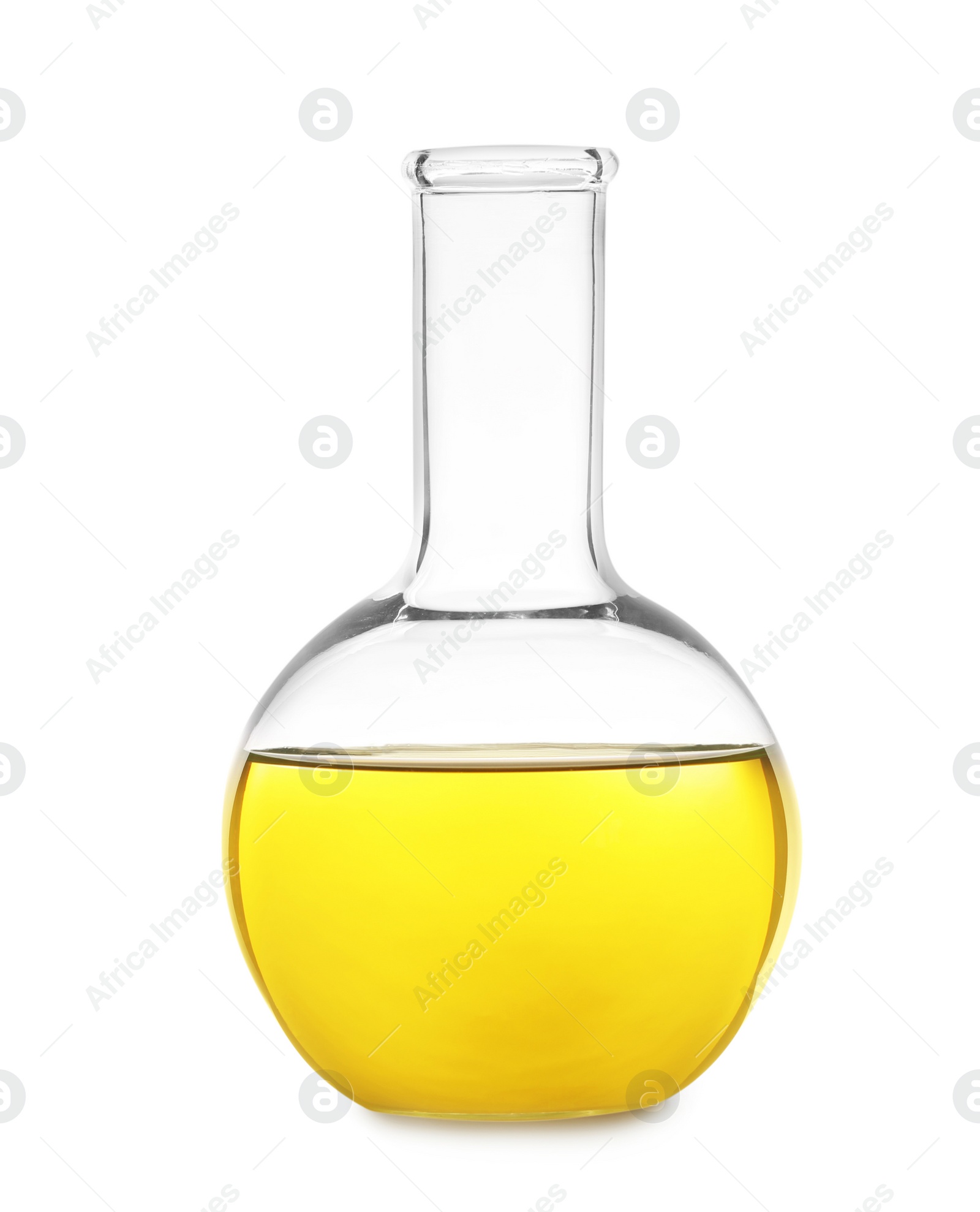 Photo of Glass flask with liquid on white background. Solution chemistry