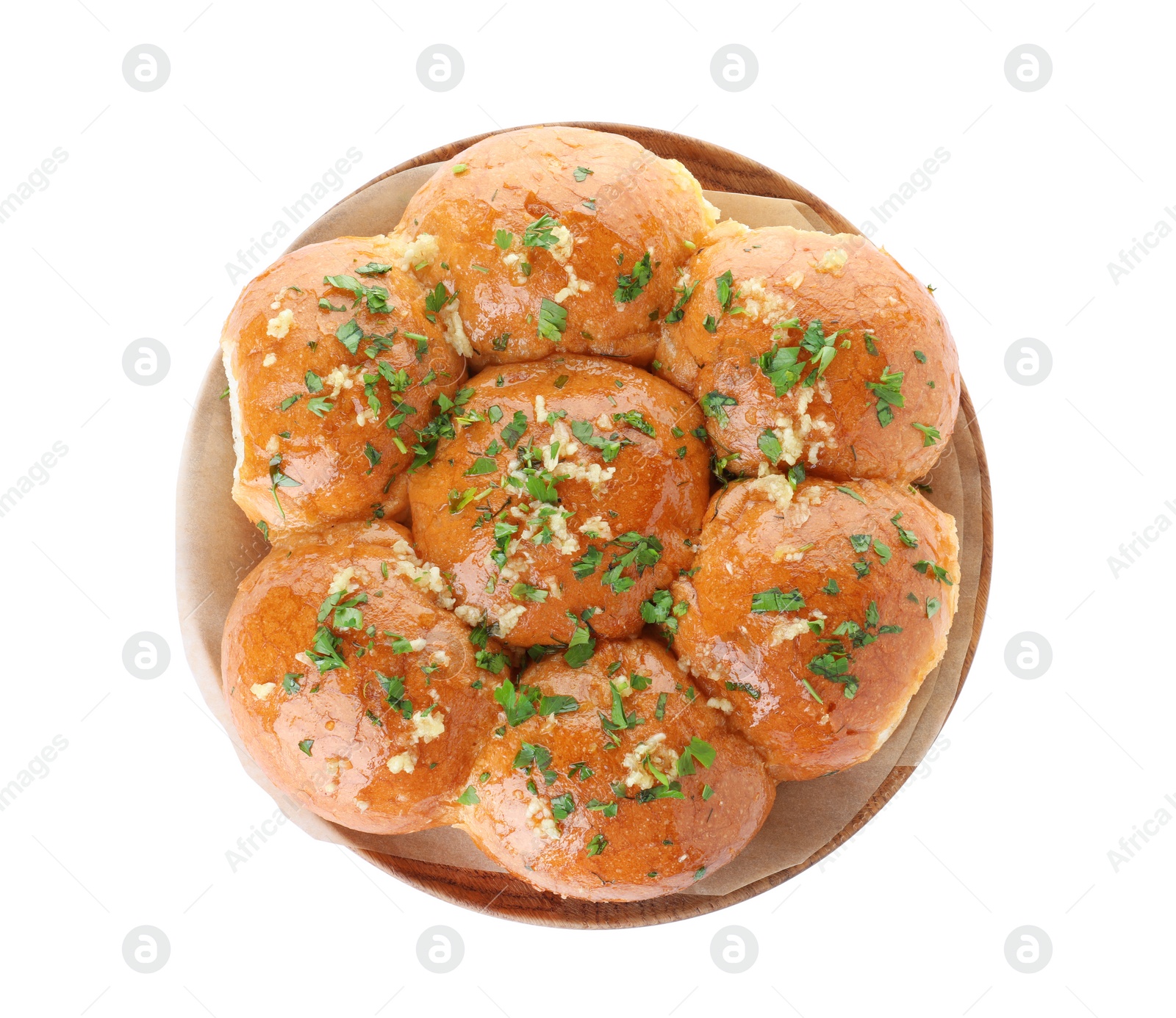 Photo of Traditional Ukrainian garlic bread (Pampushky) on white background, top view