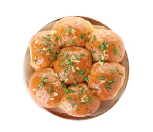 Photo of Traditional Ukrainian garlic bread (Pampushky) on white background, top view