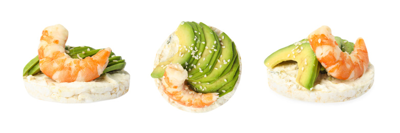 Image of Puffed corn cake with avocado and shrimp on white background, view from different sides. Banner design