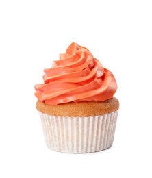 Photo of Delicious cupcake with orange cream isolated on white