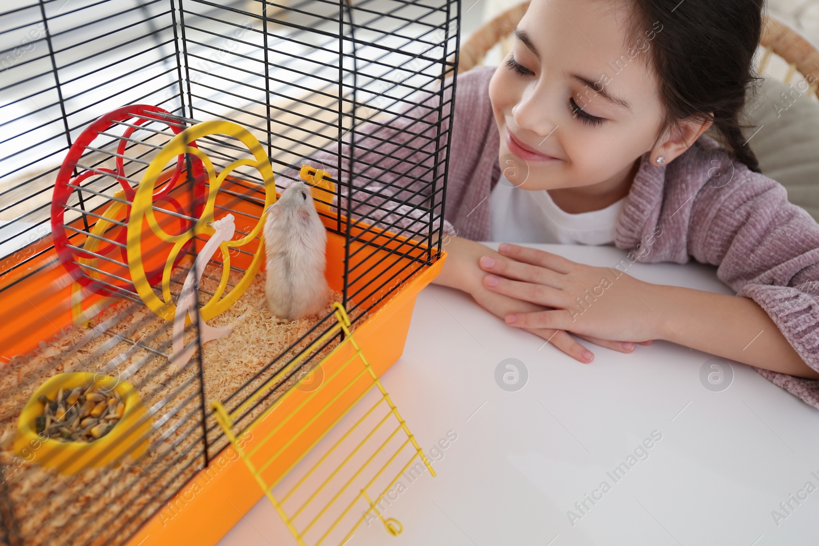 Photo of Little girl and her hamster in cage at home