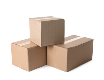 Cardboard boxes on white background. Mockup for design