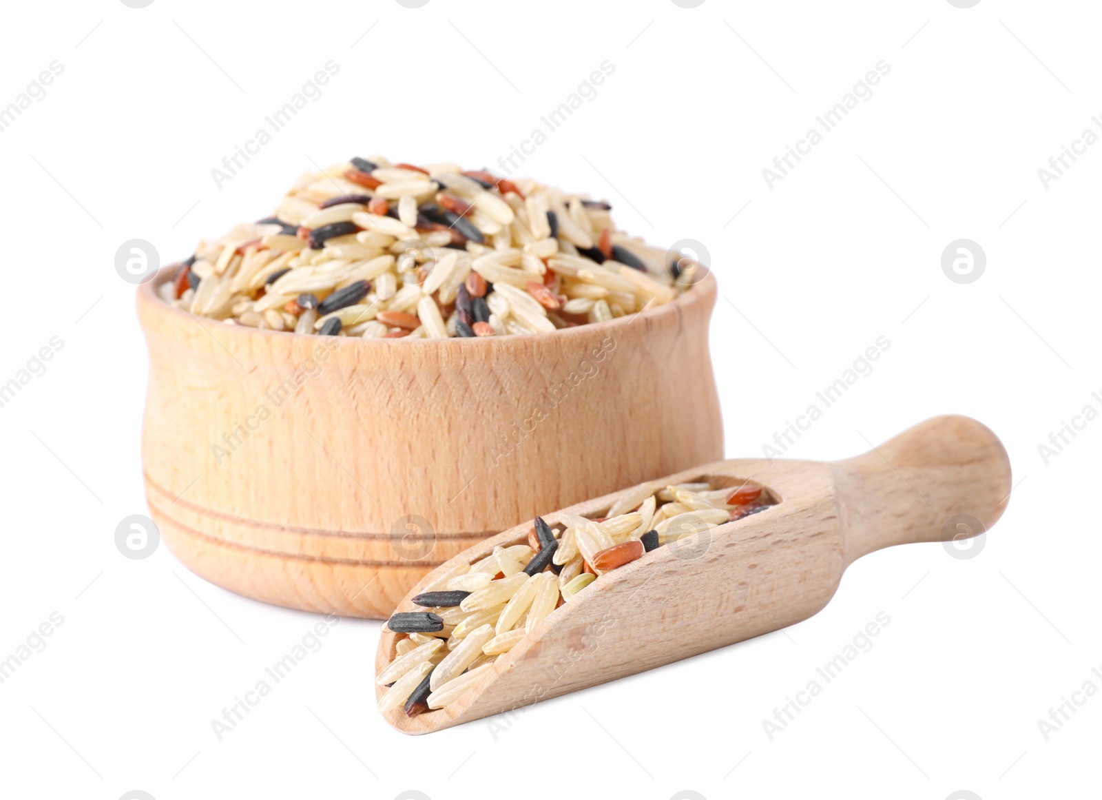 Photo of Bowl and scoop with mix of brown rice isolated on white