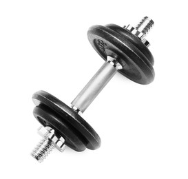 Photo of Metal dumbbell isolated on white, top view. Sports equipment