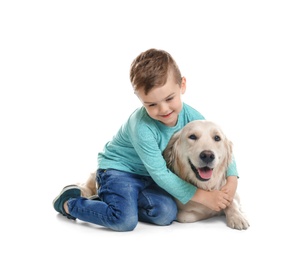 Photo of Cute little child with his pet on white background