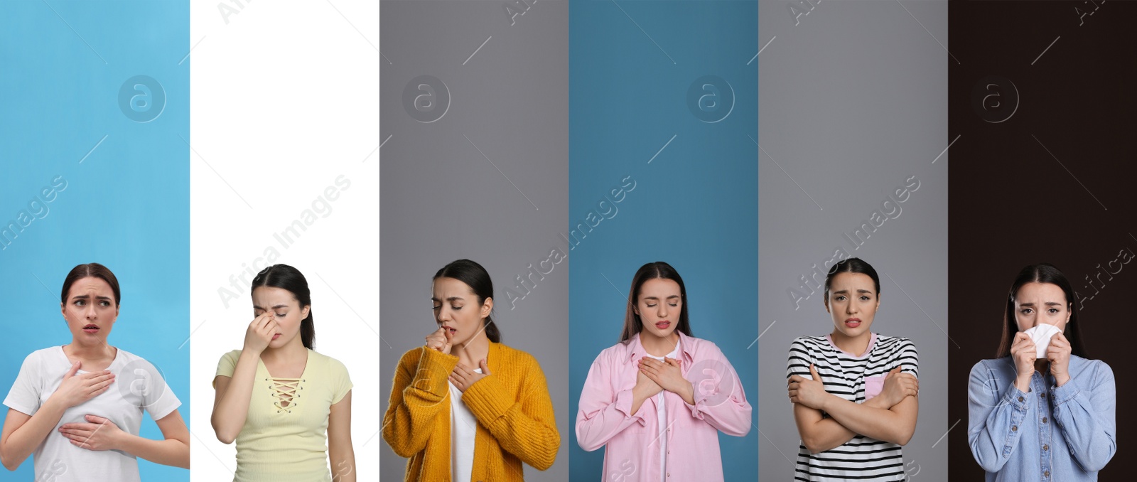 Image of Collage with photos of women with cold symptoms on different color backgrounds. Banner design