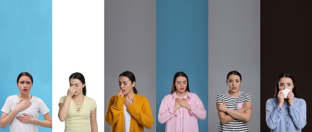 Image of Collage with photos of women with cold symptoms on different color backgrounds. Banner design